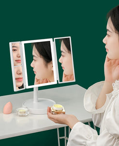 Espelho de maquilhagem com luz LED , brilho ajustável, 360 rotação tripla,  espelho de maquilhagem com luz, dobrável, controlo tátil, para maquilhagem,  barbeagem, branco - AliExpress